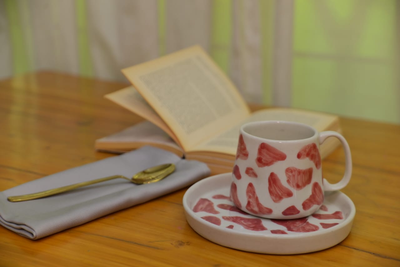 Red Print Mug with Plate – Handmade Ceramic Coffee Mug