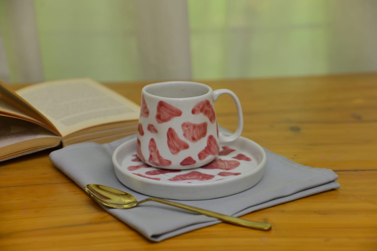 Red Print Mug with Plate – Handmade Ceramic Coffee Mug