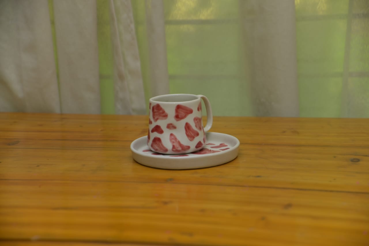 Red Print Mug with Plate – Handmade Ceramic Coffee Mug
