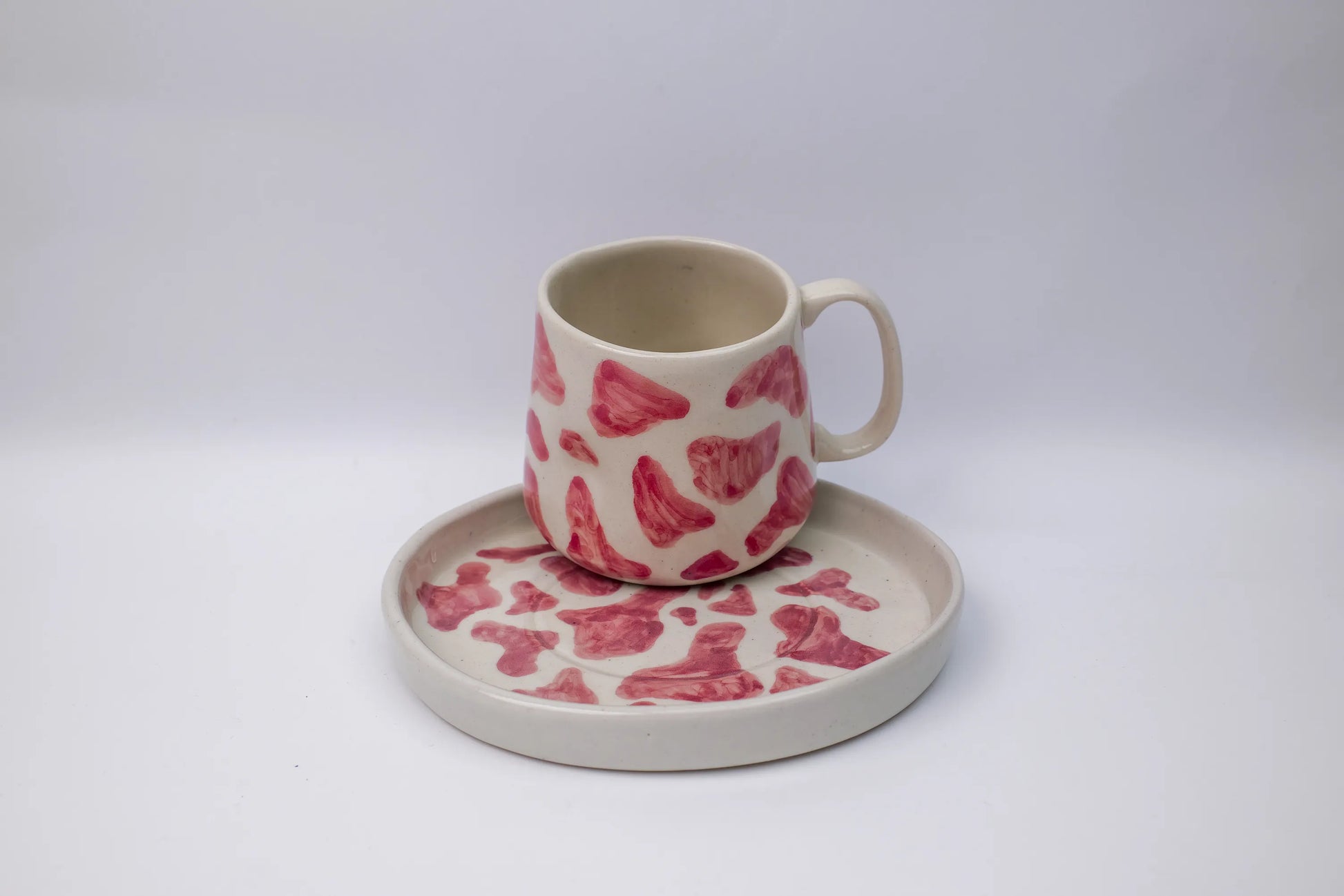 Red Print Mug with Plate – Handmade Ceramic Coffee Mug